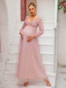 Joyfunear 孕妇撞色亮片网纱高腰正式连衣裙 粉色 - 粉色 - 查看 3