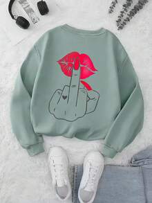 Red Lip Print Fleece Lined Loose Fit Round Neck Sweatshirt, Casual/College Style, Suitable For Daily Wear, Family Gathering, Spring Break, Spring/Summer, Valentine's Day, Carnival, Party, Beach, Wedding, Gym - Light Green - View 3