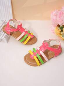 1 Paar Mädchen Regenbogen-farbige Sandalen mit glänzendem PU-Leder, offene Zehen, flacher Klettverschluss, Dopamin-süßer Stil Sandalen, für Sommer, Park, Urlaub und Alltag - Verschiedenfarbig - Übersicht 1