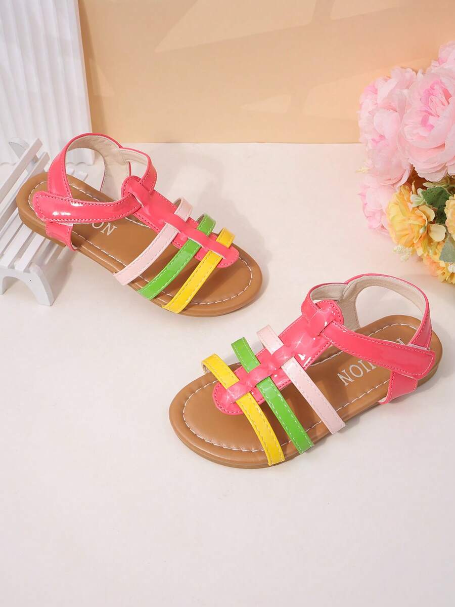 1 Paar Mädchen Regenbogen-farbige Sandalen mit glänzendem PU-Leder, offene Zehen, flacher Klettverschluss, Dopamin-süßer Stil Sandalen, für Sommer, Park, Urlaub und Alltag - Verschiedenfarbig - Übersicht 1