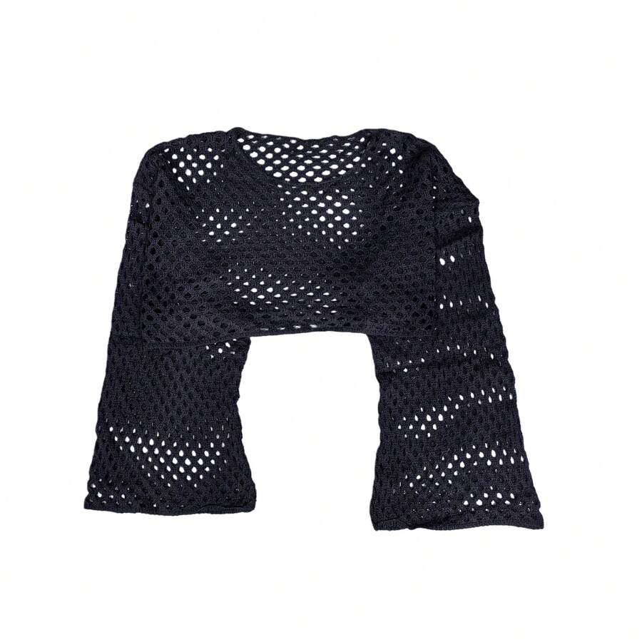 Plus Size Women Solid Color Round Neck Long Sleeve Hollow-Out Cropped Sweater - Black - View 1