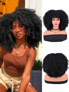Short Afro Kinky Curly Wig With Bangs For Women High Temperature Synthetic Hair Wig Curly Afro Wigs For Women - Curly Afro Wigs Black Wig For Women Brown Gold Gradient 12 Inch Replacement Wigs Party Use Natural Black Hair Carnival Cosplay Wigs - 黑色 - 查看 12