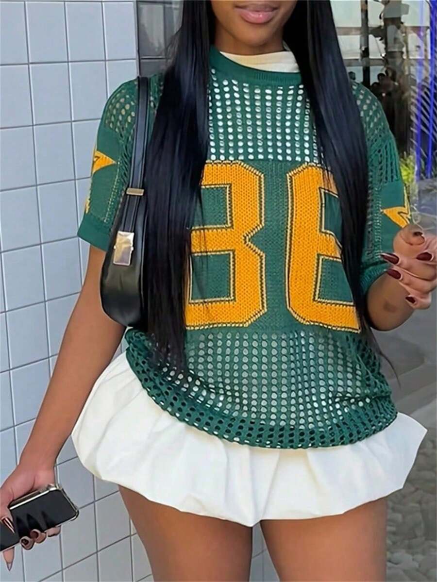 Summer Street Solid Color Mesh Loose Tops Short Sleeve Round Neck Letter Print See Through T-Shirt Casual For Women - Green - View 1