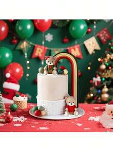 1 Set Or 1 Piece Christmas Teddy Bear Cake Decoration, Christmas Red Sweater Green Shirt Teddy Bear Ornament, Red And Green Striped Arch Gift Box Cake Decoration, Suitable For Baptism Birthday Cake Decoration, Christmas Theme Cake Decoration (Please Use With Tray Or Tube) - Multicolor - View 10
