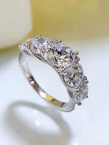 XUJIA 1pc 5-Stone Ring, Women's Round Cut Moissanite Engagement Ring, 925 Sterling Silver, D-E Color, VVS1 Clarity, 6.5mm, 6mm And 5mm Moissanite, Anniversary Wedding Band, Jewelry Gift - Silver - View 3