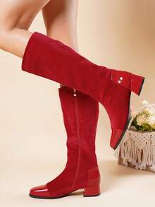 2025 New Autumn/Winter Fashion Thick Heel Tall Boots Women, Suede Knee-High Boots - Red - View 4