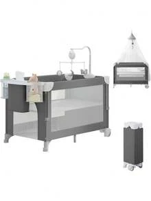 4 en 1 Cuna para Bebé con Mosquitero, Corral Cuna de 2 Niveles Ajustable, con Mesa para Cambiar Pañales, Fácil de Plegar para Viajar Cama de Bebé - Multicolor - Ver 2