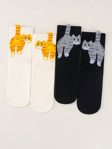 2双春秋季可爱女生日常外出吸睛猫屁股装饰柔软透气卡通风格短袜休闲穿搭闺蜜聚会猫咪袜 - 黑與白 - 查看 3