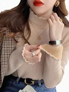 Women's Top Long-Sleeve Knit Half High-Neck Tight Fit Winter Thermal Lined Cardigan With Ruffle Collar Sweater - Màu Khaki - Xem 1