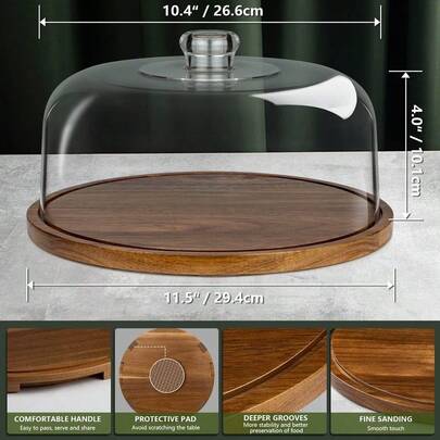Cake Stand With Dome Lid, Acacia Wood Cake Plate With Cover, Wooden Cake Display Stand With Acrylic Dome - Flat