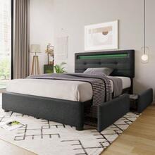 Estrutura de cama com iluminação LED e 2 gavetas, cama de solteiro estofada 90x200cm, cabeceira ajustável em altura, estrado de ripas de madeira, cinza (colchão não incluído) - Cinza 3 - Ver 3