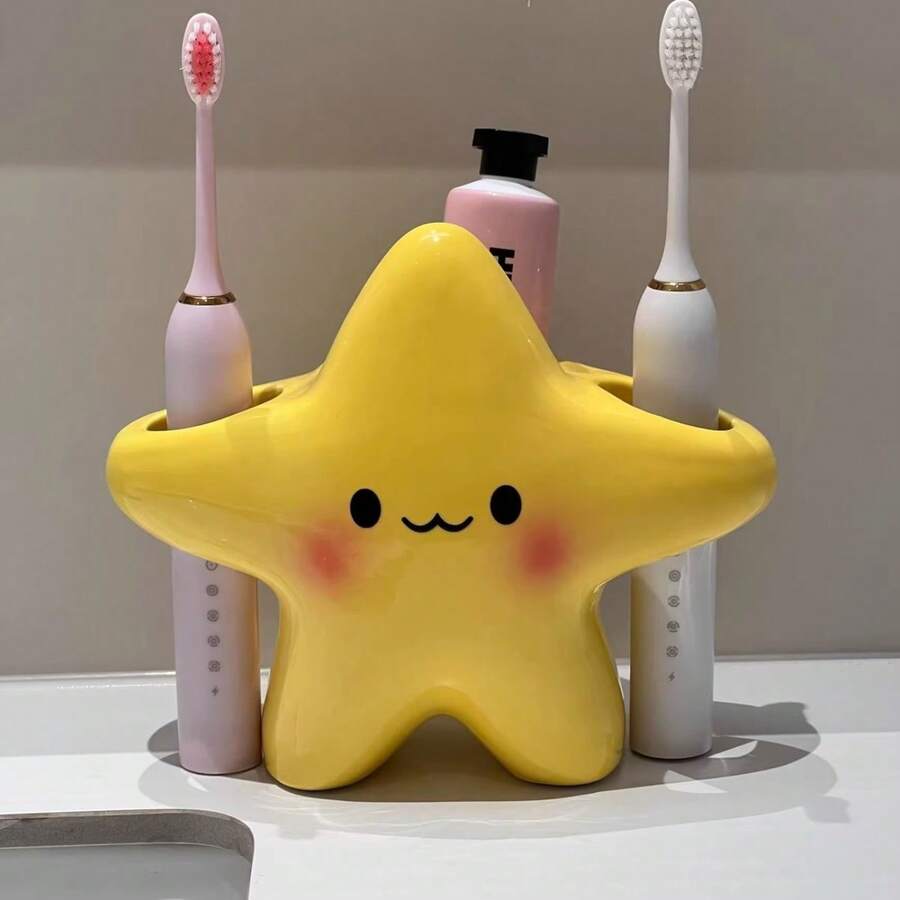 1 Cute Star-Shaped Plastic Toothbrush Holder - Freestanding Bathroom Organizer With Adorable Face Design, Durable Plastic Construction, Space-Saving Toothbrush And Toothpaste Stand - 黃色 - 查看 1