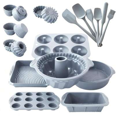 1/24 Pcs Non-Stick Silicone Baking Mold Set, Includes Cake Mold, Fluted Mold, Donut Mold, Muffin Mold, Reusable Non-Stick Tube Baking Molds For Muffins, Cakes, Breads, Suitable For Christmas/Halloween (Light Gray)