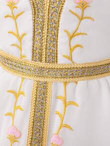 女婴长袖金属丝带刺绣雪纺派对连衣裙，适合节日庆典和家庭聚会，不含头饰 - 白色 - 查看 9