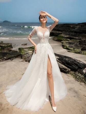 HEARBOBO 白色串珠亮片网纱长袖露背新娘婚纱，圣诞节款，带拖尾