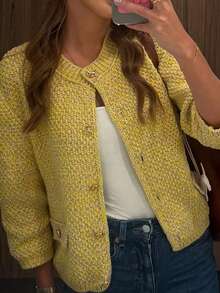 FOR BEAUTY Spring And Autumn Winter New Cream Yellow Button Round Neck Long Sleeve Knitted Cardigan Top For Ladies, Elegant And Suitable For Commuting And Dating Coat Back To School Fall Clothes Christmas New Year - Màu vàng - Xem 4