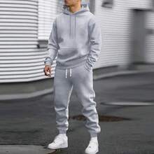 Men's Autumn Suit Casual Sports Solid Color Hoodie Men's Two-Piece Set Loose Sweatshirt Men's Clothing - 淺灰 - 查看 12