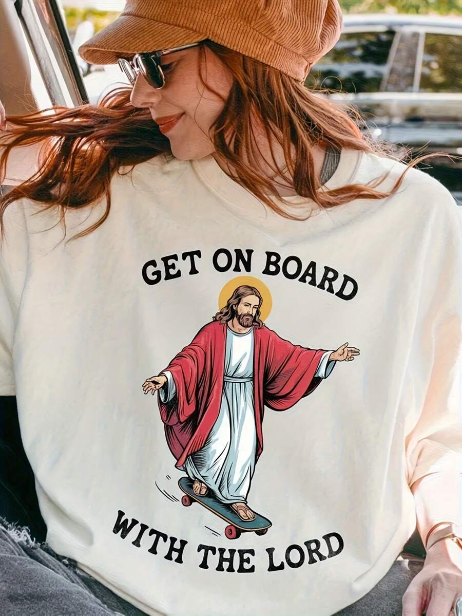 Get On Board With The Lord T-Shirt Catholic Jesus Christ Graphic Tee, Vintage 90s Y2K Tee - Soft, Breathable Crew Neck Tee, Lightweight & Comfortable Casual Summer Wear, Women's Tops - 白色 - 查看 1