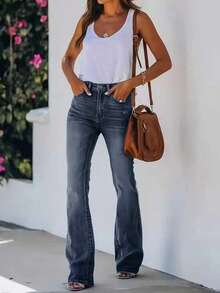 ARWY 褪色美式修身时尚百搭女式喇叭裤牛仔裤，优雅的波西米亚风日常、夜间外出、节日、万圣节、复活节、四季皆宜 - 淺藍灰 - 查看 6