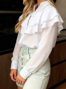 Women's V Neck Ruffle Shirts Fashionable Solid Color Long Sleeve Loose Fit Button Down Blouse - White - View 5