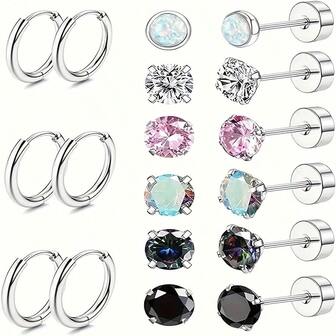 9pairs/18pcs Surgical Steel Hypoallergenic Hoop And Stud Earrings Set For Sensitive Ears - CZ And Opal Flat Back Cartilage Earrings, 316 Stainless Steel, No Tarnish Or Allergy
