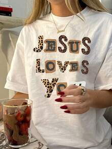 JESUE LOVES YOU Leopard Print Graphic T-Shirt, Women's Casual Round Neck Short Sleeve T-Shirt, All Season Summer - White - View 3