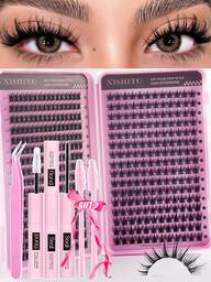 Prezent świąteczny, 448 szt./32 pary sztucznych rzęs w stylu kreskówkowym, naturalny efekt makijażu, rzęsy jak z bajki, odpowiednie dla początkujących, pojedyncze rzęsy, kępki rzęs kręconych w kształcie litery D, zestaw o dużej pojemności, zestaw do przedłużania rzęs dla początkujących, zawiera klej, uszczelniacz i pęsetę