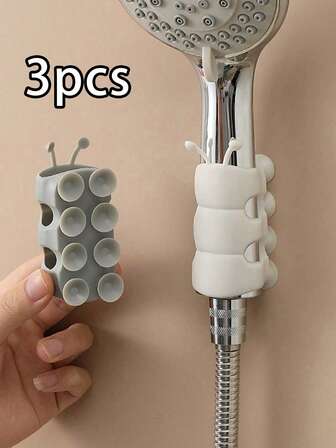 3个灰色/白色硅胶淋浴喷头支架 - 安装简便，无需钻孔，可拆卸吸盘式壁挂支架，安装简单