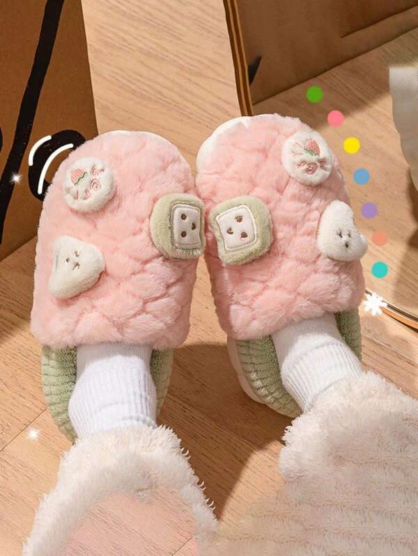 2025 New Cute Plush Slippers Couple Design, Cartoon Heel, Indoor Home Use, Warm Thick Plush, Non-Slip, Unisex Fur Slippers