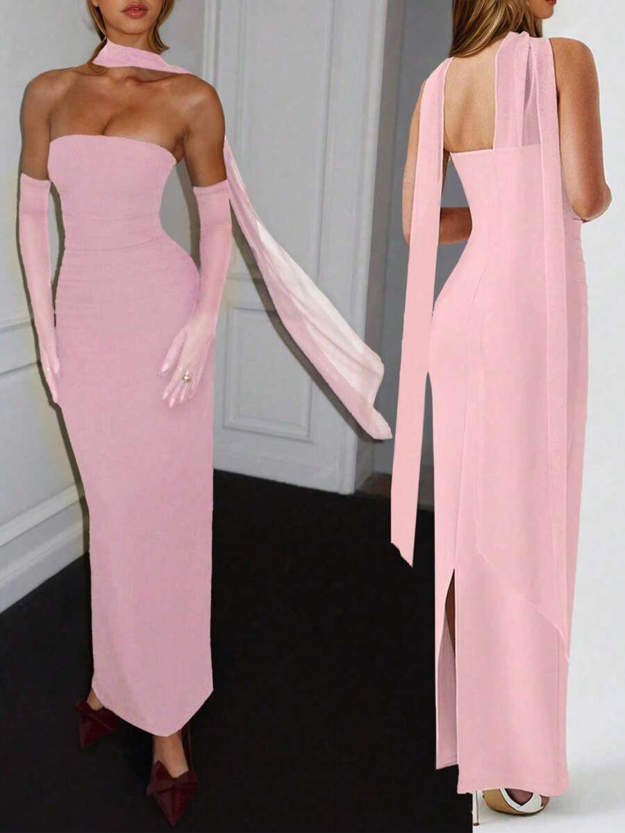 女士长裙 - 优雅无肩带礼服，透视网纱连衣裙，简约晚礼服，适合正式晚宴和鸡尾酒会等夏季场合