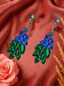 1 Pair Vintage Peacock Design Drop Earrings, 14K Gold Plated Green Crystal Feather Decor, Boho Style Exaggerated Peacock Feather Pendant Earrings, Suitable For Birthday, Holiday And Other Occasions, Summer Fashion Jewelry, Women's Party Gift - One Size - View 3