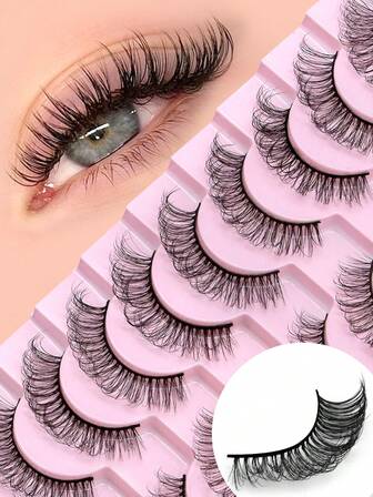 10对假睫毛，纤细轻盈，猫眼造型，浓密3D仿貂毛假睫毛，自然妆效，厚实饱满，柔软交叉嫁接，日常佩戴的化妆工具