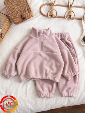 2pcs/Set Baby Girl Casual Thermal Lined Warm Long Sleeve Sweatshirt And Pants Set, Winter