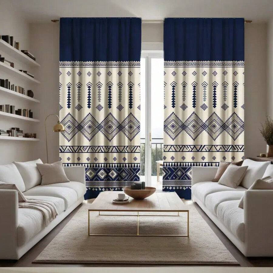 2pcs Fashion Style Geometric Shape Diamond Triangle Pattern Semi Transparent Curtain, Machine Washable Polyester Decorative Curtain, Suitable For Living Room, Bedroom, Study - Circular Pocket Hanging, Blue And White - Multicolor - View 1