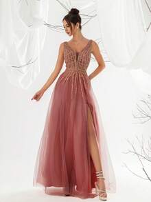 VIPGIRL Sequin Patchwork High Slit Elegant Long Evening Gown - Red - View 3
