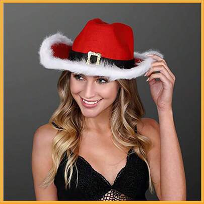 1 Pc Christmas Party Hat With Feather & Faux Fur, Cowboy Santa Hat For Ugly Xmas Jumper Party, Funny Western Derby Cap, Festive Carnival Photo Prop
