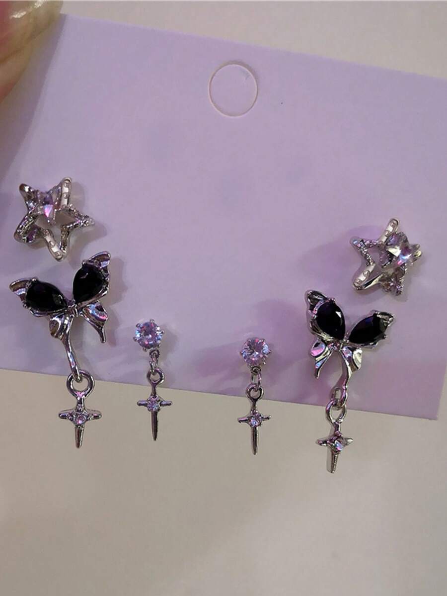 6入組復古甜美風酷黑色蝴蝶水晶星星女性耳環套裝派對禮物