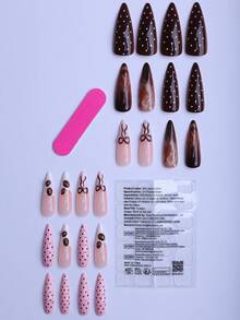Hộp quà tặng móng tay acrylic dài nhọn 24 chiếc, kiểu Maillard mùa Thu/Đông, màu nâu và cà phê, hiệu ứng tranh mực nghệ thuật, nơ 3D, gel màu cà phê đậm, móng tay kiểu Pháp chấm bi hồng trắng dễ thương, thích hợp cho hẹn hò, tiệc tùng, đi chơi và các dịp khác. Móng giả có gel dẻo, 1 dũa móng. Dụng cụ làm móng - Nhiều màu - Xem 2