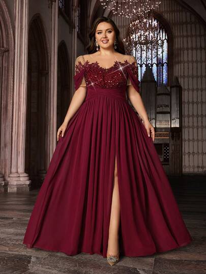 Váy dạ hội Maxi Chiffon thanh lịch dành cho nữ cỡ lớn, cổ chữ V sâu, chi tiết đính sequin, tay ngắn xẻ đùi