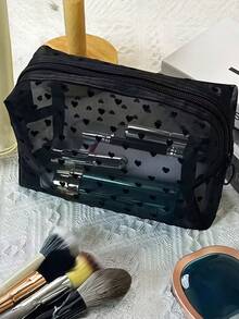 大容量心形网状化妆品及洗漱用品收纳包 - 耐用面料，多隔层设计，金色五金配件，网状结构，洗漱用品收纳，时尚配饰，安全拉链封口，女士礼物，圣诞礼物，女士送礼佳品 - 彩色 - 查看 3