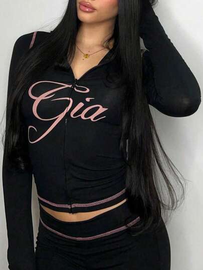 Conjunto deportivo de dos piezas para mujer: pantalones joggers y shorts de booty, con body de manga larga y top gráfico