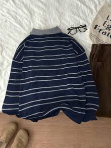 Women's Long Sleeve Clashing Stripe Sweater, POLO Neck Drop Shoulder Loose Top, Street Fashion Vacation Winter For Women, Going Out Tops Women, Thanksgiving For Women, Christmas Sweater.