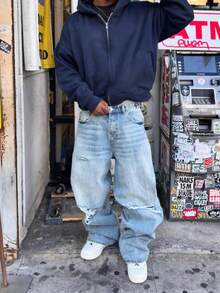 男士复古做旧宽松阔腿牛仔裤 - 淺色水洗藍 - 查看 3