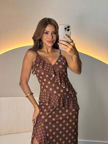 Long Dress With Polka Dots And Ruffles – Elegant And Feminine Style. - Brown - View 1