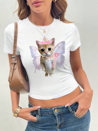 Y2K 趣味猫咪图案休闲女式短袖 T 恤图案 T 恤女式上衣