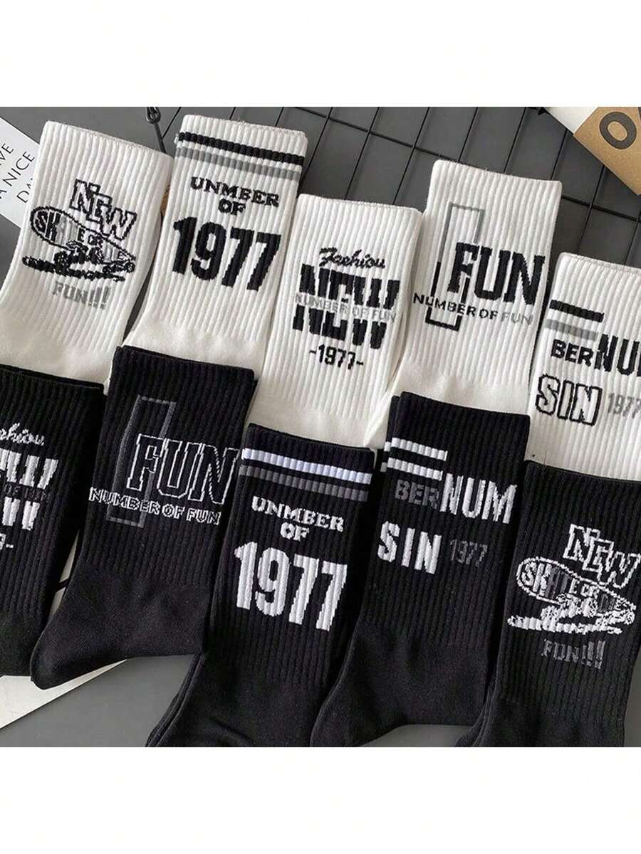 5双男士中筒袜，适合秋冬季节，水手风，防臭，百搭，美式运动字母设计，高筒袜，INS风格，全年皆可穿着 - 白色 - 查看 1