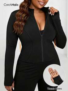 Plus Size Slim Fit Curve Flattering Sports Jacket, Black, Thumb Hole, Super Breathable, Full Zip Stand Collar, Slim Fit Slimming, Free Movement, Suitable For Autumn/Winter Fitness, Running, Casual Wear - Black - View 3