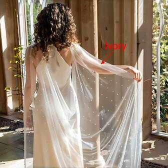 1pc Lightweight & Flowing Bridal Shawl, Decorated With Faux Pearl Beads, V-Back Design, Suitable For Wedding, Performance, Party, Banquet