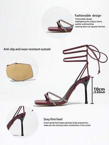 女士高跟鞋，适合春夏晚宴、聚会、户外活动，时尚优雅的高端宴会漆皮黑色细高跟鞋，方头设计，饰有闪耀的莱茵石绑带，神秘哑光材质，性感露趾凉鞋，奢华交叉绑带，舒适优雅，酒红色正式礼服高跟鞋，适合宴会、派对、正式场合。 - 酒紅色 - 查看 7