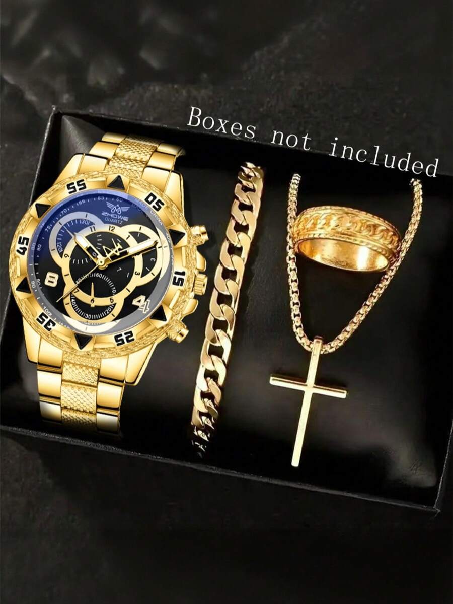 4件套男士金表带时尚休闲商务几何图案极简表盘石英表、手链、十字架项链、戒指首饰套装，适合日常佩戴或作为节日礼物 - 金色 - 查看 1